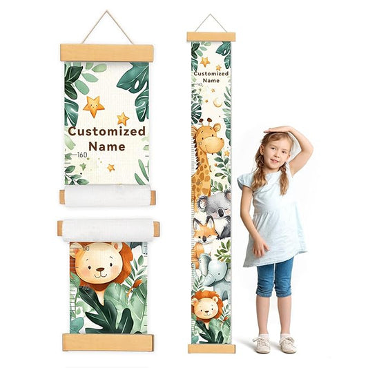 Woodemon Personalized Name Baby Growth Height Chart Handing Ruler Wall Decor for Kids, Animals Canvas Removable Height Growth Chart, Nursery Decor, Toddler Kid Room Decoration, Hangable