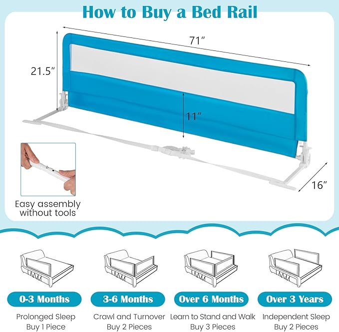 HONEY JOY Bed Rail for Toddlers, 71-in Extra Long, Portable Safety Bed Guardrail w/Double Safety Child Lock, Foldable Baby Bed Rail Guard, Fit King & Queen Full Twin Size Bed Mattress(Blue, Pack 1)