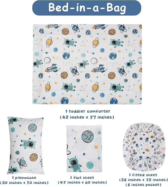 JSD Blue Astronaut Toddler Bedding Set, 4 Piece Space Theme Rocket Bed-in-a-Bag Toddler Comforter Sheet Set, Machine Washable
