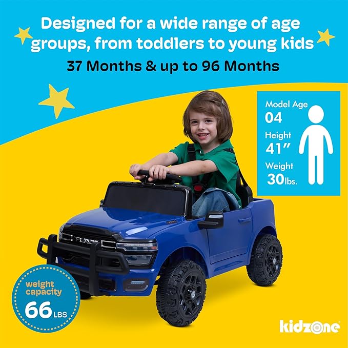 Kidzone 12V Licensed RAM 3500 Ride-On Truck for Kids, Battery Powered Electric Car w/Parent Remote Control & Manual Drive, Bluetooth, LED Lights - Black