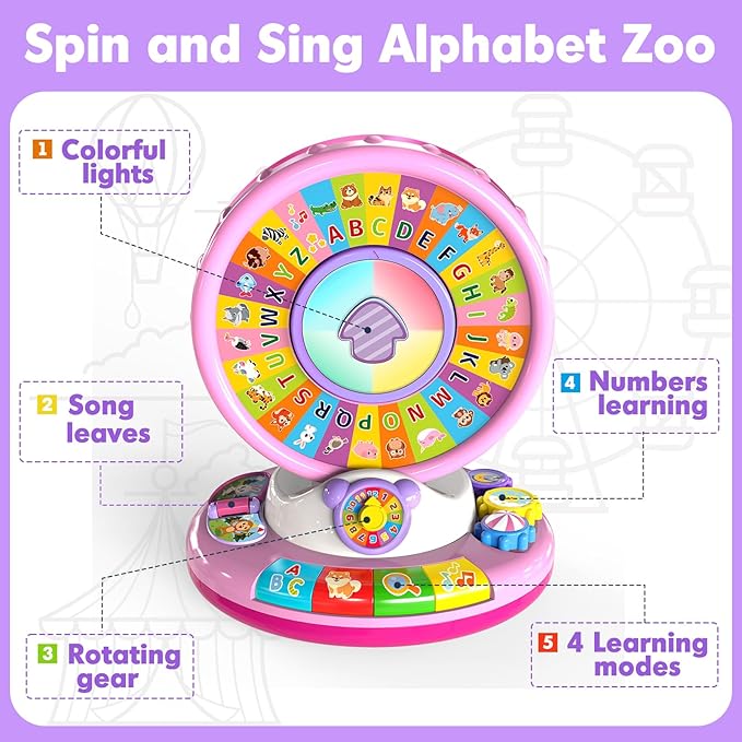 Duchong Learning Toy for 1 2 3 Year Old Girls, Spin and Sing Alphabet Zoo with Sounds, Interactive Educational Toys for Toddlers 1-3, Christmas 1st Birthday Gifts for Baby Girls Boys 9-12-18 Months
