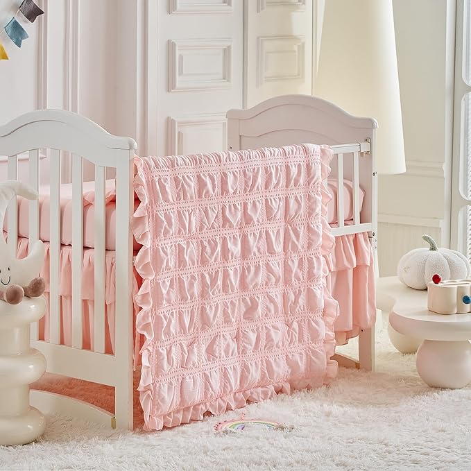 Ruffled Crib Bedding Set Baby Boho Quilted Comforter with Fitted Sheet and Bed Skirt - Cute Soft Breathable Seersucker Ruffled Shabby Chic Bedding Soft Blanket Design - Pink