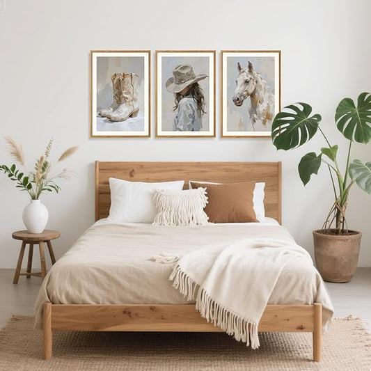 CHDITB Western Cowgirl Framed Canvas Wall Art Set, Farmhouse Wall Decor, Highland Horse Boots Artwork Painting,Vintage Country Hat Art Prints for Living Room Girls Dorm Bedroom Apartment-16 x24 x3