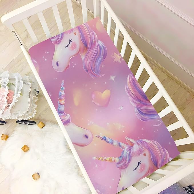 Rainbow Gradient Starry Unicorn Horn Hearts Crib Sheets Standard Crib Toddler Mattresses Cover Fitted Baby Bed Sheet Breathable Crib Mattress Sheet for Girls Boys 52" x 28"x5''