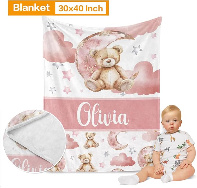 Custom Baby Bedding Set: Personalized Pink Sleeping Bear Bedding Baby Blanket Fitted Sheet Changing Cover Nursery Rug Room Decor Gift Idea