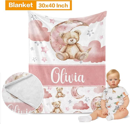 Custom Baby Bedding Set: Personalized Pink Sleeping Bear Bedding Baby Blanket Fitted Sheet Changing Cover Nursery Rug Room Decor Gift Idea
