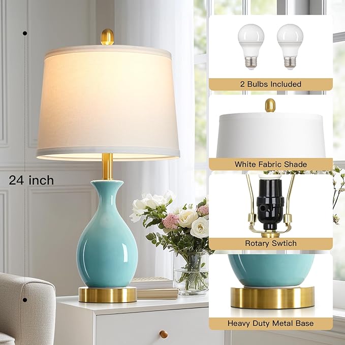 luxeflow 24" Bedroom Table Lamps Set of 2, Modern Classic Ceramic Lamps for Living Room, Small Bedside Table Lamp for Nightstand or End Table, Aqua Blue (2 LED Bulbs Included)
