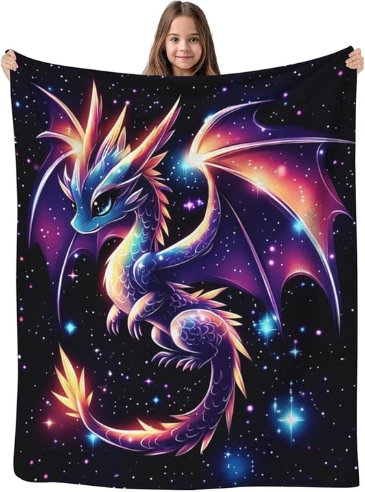 GNEW Cute Galaxy Dragon Throw Blanket, Kawaii Dragon Gifts for Kids, Sparkle Galaxy Starry Stars Animal Print Blanket, Blue Purple Pink Black, 50"x40"