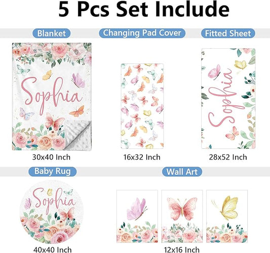 Personalized Crib Set, 5 Pcs Custom Baby Crib Sets with Name, Double Layer Butterfly Nursery Bedding Set for Girls, Soft Flannel Bedding Set, Toddler Infant Customized Gift