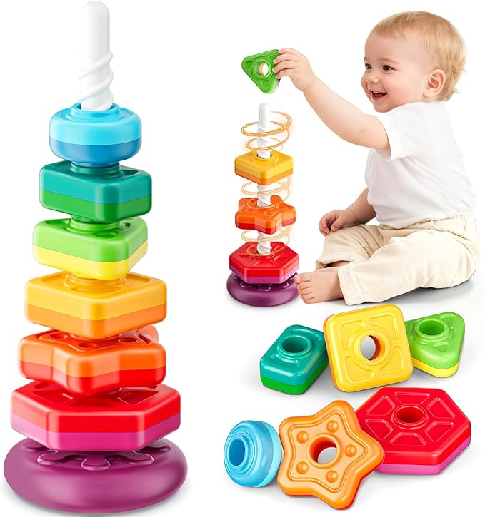 Baby Spinning Stacking Toys for Toddlers 1-3, Sensory Montessori Toy for 1 Year Old Girl Boy, Rainbow Ring Stacker Tower, Educational Learning Toy, Perfect Christmas Birthday Gifts