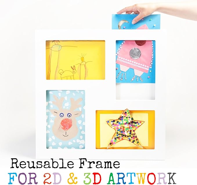 Articulate Gallery Quadruple Children's Artwork Frame, Fits Four 9 x 12’’ artwork, an award-winning slot sided picture frame for the instant display of 2D and 3D children’s artwork