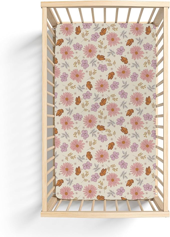 Vintage Wildflowers Butterflies Baby Crib Sheets for Boy Girl 52x28Inch Retro Blossoms Leaves Soft Snug Fitted Crib Mattress Cover Spring Summer Floral Baby Sheet for Standard Crib & Toddler Mattress