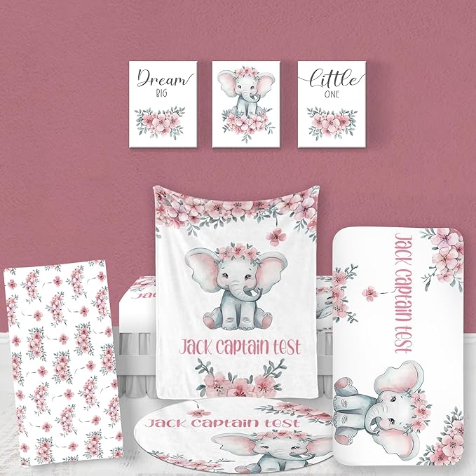 Custom Baby Bedding Set, Personalized Pink Baby Elephant Bedding, Baby Blanket Fitted Sheet Changing Cover Nursery Rug Room Decor Gift Idea