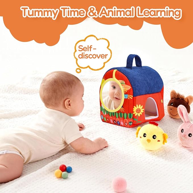 Baby Toys 6-12 Months, Soft Barn Montessori Sensory Infant Toy for 6 7 8 9 10 Month Old, 1st Birthday Baby Gifts for 1 Year Old Boy Girl, Stuffed Farm Animals, Rattle Squeaky Crinkle Sound & Mirror