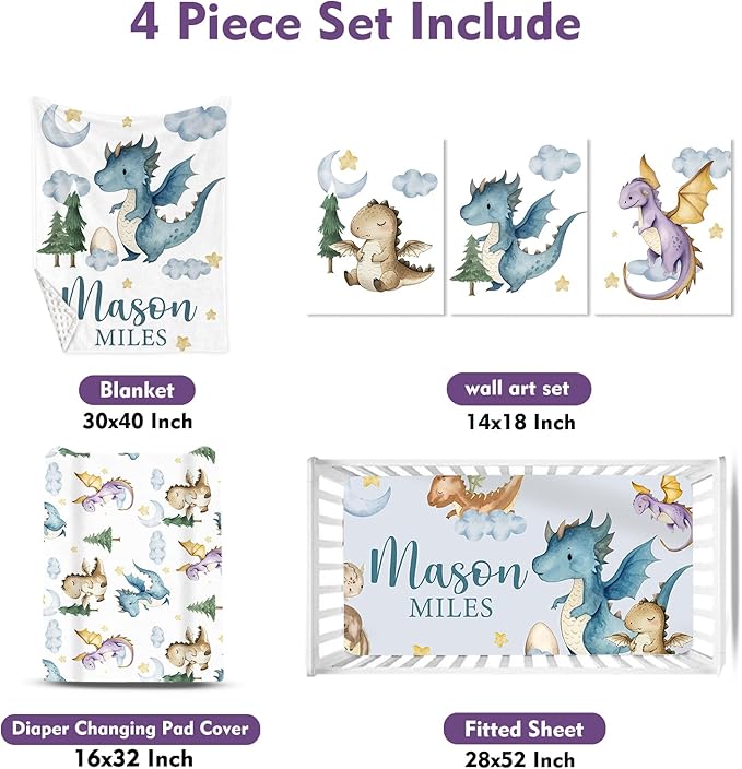 Personalized Baby Crib Bedding Set: 4 Piece Custom Gift Crib Bed Set with Name - Blue Dinosaur Design, Nursery Bedding Set for Baby Girls,Newborn Boys Girls Crib Sets, Crib Bedding Shower Gifts