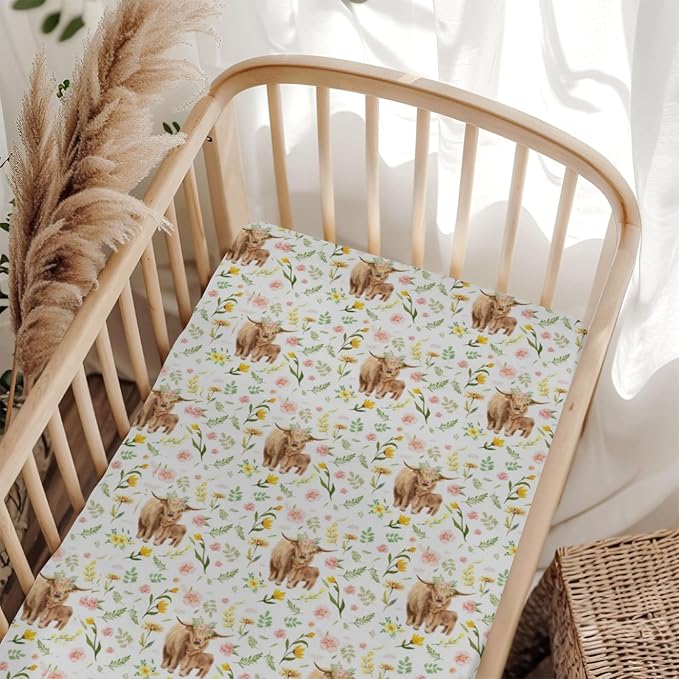 Highland Cows Boho Floral Baby Crib Sheets for Boy Girl 52x28Inch Yak Cattle Retro Flowers Leaves Soft Snug Fitted Crib Mattress Cover Farm Animal Baby Sheet for Standard Crib & Toddler Bed Mattress