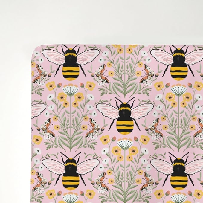 Bee Honey Garden Pink Baby Crib Sheets for Boy Girl 52"x28" Boho Floral Bees Honey Butterflies Soft Snug Fitted Crib Mattress Covers Spring Summer Baby Sheet for Standard Crib & Toddler Bed Mattress