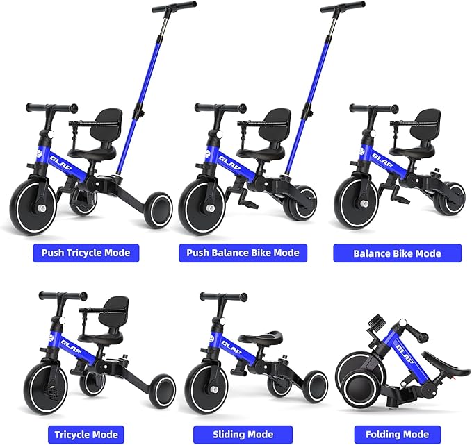 Glaf Tricycle for Toddlers 1-3 Toddler Bike with Push Handle 2-4 Years Baby Bike Toy for 1 Year Old Boys and Girls Balance Bike with Removable Pedal, Backrest, Adjustable Seat, Gifts (Blue)