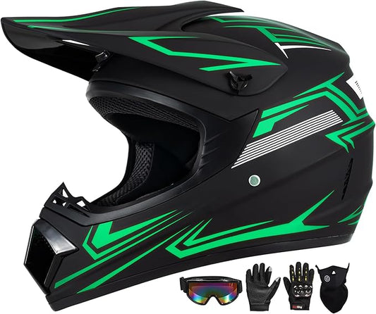 Youth Kids Motocross Helmet, Adult ATV Dirt Bike Helmet with Goggles Gloves & Mask Quick, Full Face Motorcycle Helmet with Quick Release Buckle DOT Certified