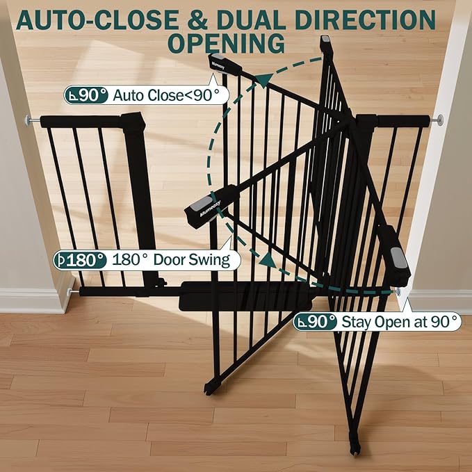 Mumeasy 36" Extra Tall Dog Gate, Auto Close Baby Gate for Stairs Doorways, 29.7-46" Wide Walk Thru Child Safety Gate for House, Easy Install Pressure Mounted Metal Pet Gate with Door, Black