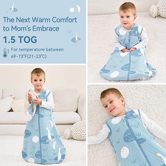 Baby Sleep Sack 12-18 Months 1.5 Tog Baby Wearable Blanket 100% Cotton Fabric Warm Sleeping sack with 2-Way Zipper Quilted for Toddler Infant Tog Blue Duck