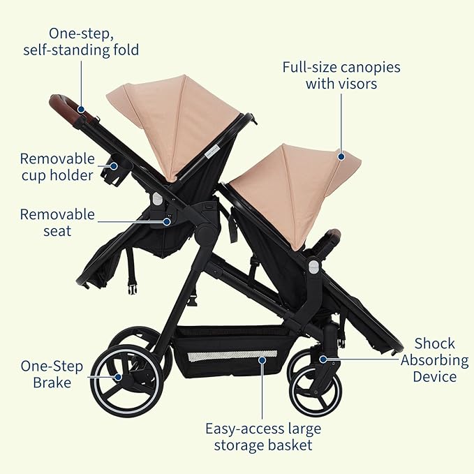 Tandem Double Stroller Newborn and Toddler, Foldable Twin Stroller with Reversible Seat, 5-Point Safety Harness, Adjustable Backrest & Canopy, Storage Basket
