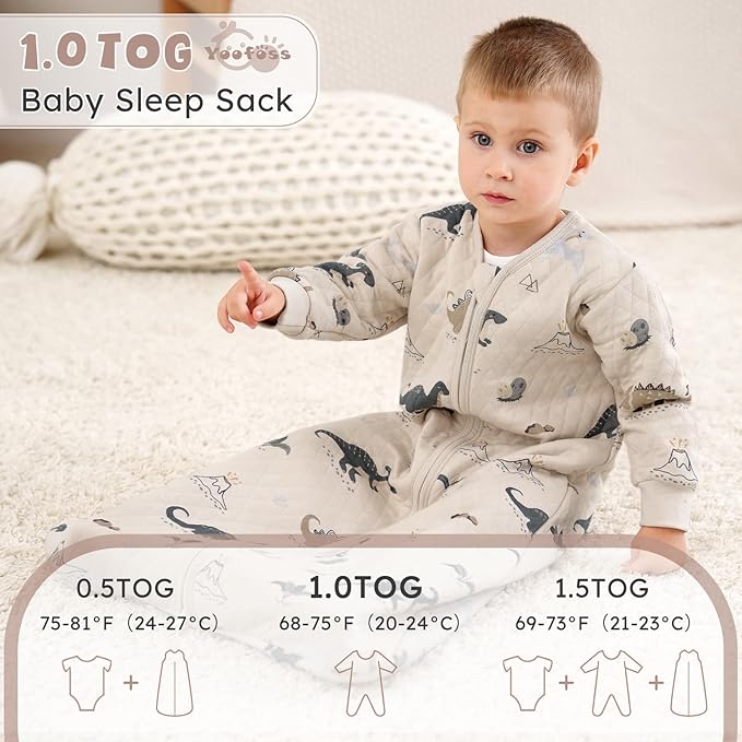 Yoofoss Baby Sleep Sack 6-12 Months 1.0 Tog Long Sleeve Sleep Sack Organic Cotton Wearable Blanket for Infants 2-Way Zipper Quilted Sleeping Sacks(Medium)