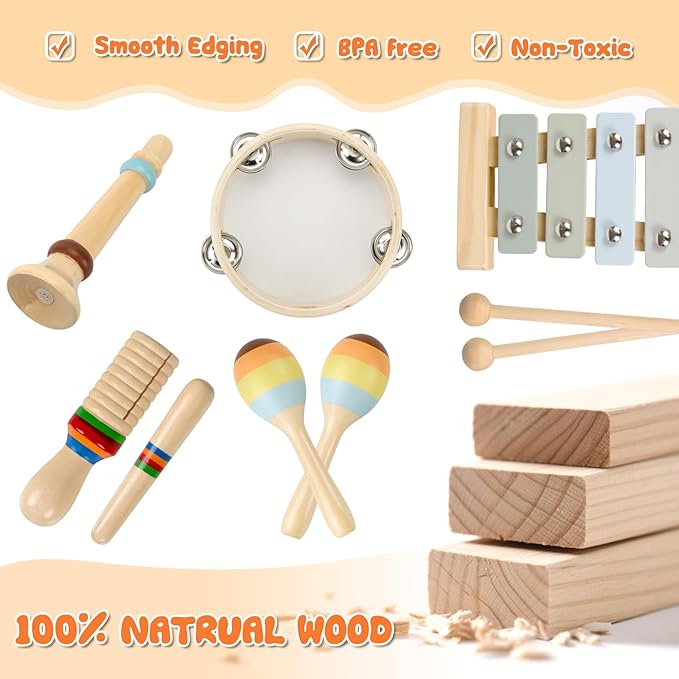 Baby Musical Instruments-Montessori Wooden Toys for Toddlers Age 3 Neutral Colors Percussion Instruments Set with Modern Boho Xylophone for Kids Preschool Educational, Includes Storage Bag