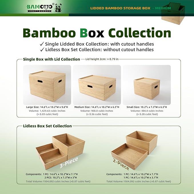 BAMOTTO Lidded Bamboo Storage Bins & Box/Cube/Basket, Home Kitchen and Office Storage Boxes with Handles & Stackable for Organizer Tableware, Clothing, Toys, Office Shelf Books, 14.6”x10.2”x6.5”