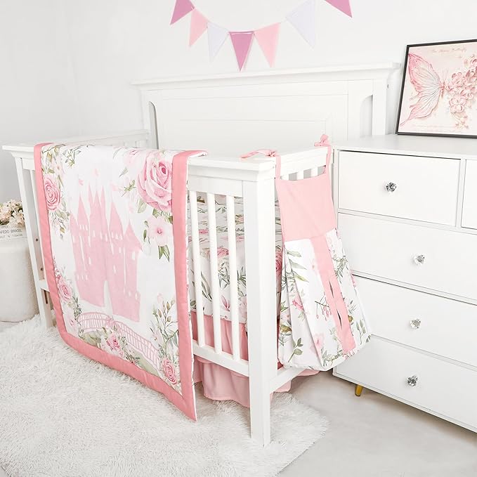 TANOFAR 4-Piece Crib Bedding Set for Baby Girls, Floral Castle Nursery Bedding Set Includes Comforter, Fitted Crib Sheet, Crib Skirt, and Diaper Stacker, Pink