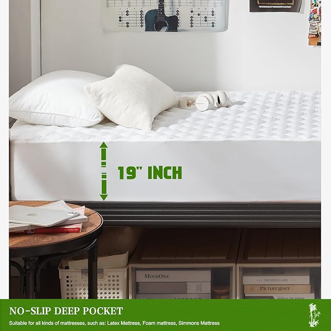 UNILIBRA Twin XL Mattress Pad Waterproof Rayon Made from Bamboo, Fitted Deep Pocket Mattress Cover fits 6''-19'', Breathable Quilted Mattress Protector, White
