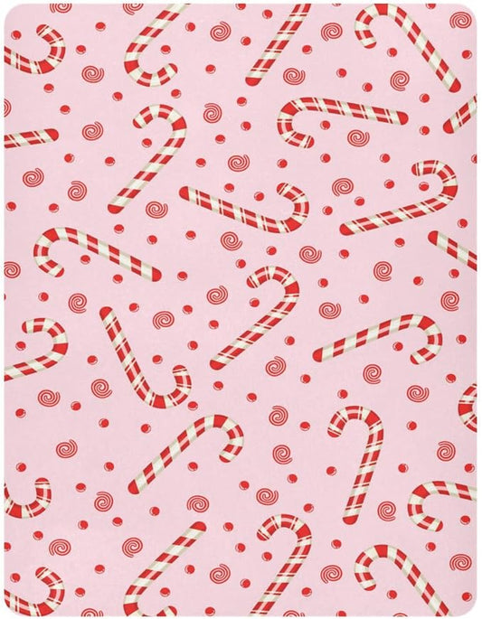 Candy Cane Christmas Pink Crib Sheets Soft Breathable Fitted Baby Playard Sheets Mattress Cover for Girl Boys, 39" x 27" x 5"