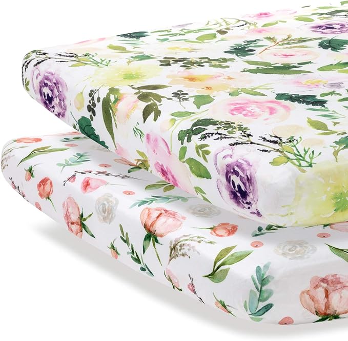 Pobibaby - 2 Pack Premium Pack N Play Sheets Fitted for Standard Pack and Plays and Mini Cribs - Ultra-Soft Cotton Blend, Stylish Floral Pattern, Safe and Snug for Baby (Allure)