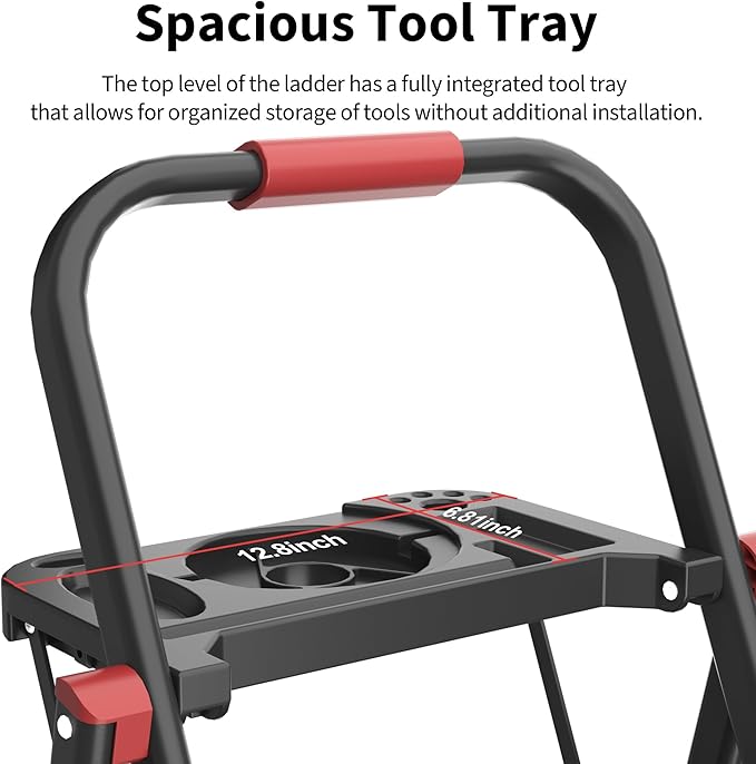 5 Step Foldable Step Ladder with Mutifunctional Tool Tray, Platform Ladders Stepstools, Step Stool 5 Step Folding with Non-Slip Pedals, 800lbs Bearing Capacity for Adults, Home, Kitchen, Black Red