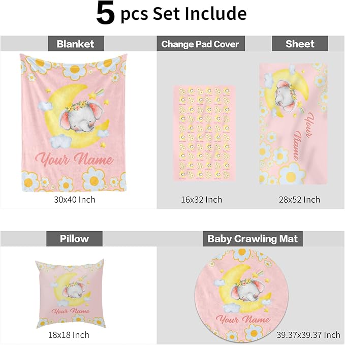 Custom Nursery Crib Bedding Set: Personalized Nursery Decor Baby Blanket Fitted Crib Sheet Changing Pad Cover Baby Room Rug Sleeping Elephant Moon Pattern Gift Idea(Fixed Size)
