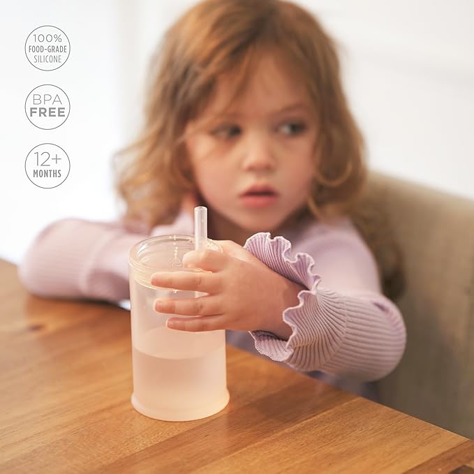Olababy Clear View Silicone Training Cup with Straw Lid | Toddler Sippy Trainer 12mo+ | Unbreakable Water Drinking Cups for Kids 2yr+ | Baby Led Weaning & Feeding Supplies (Lemon, 9 oz)