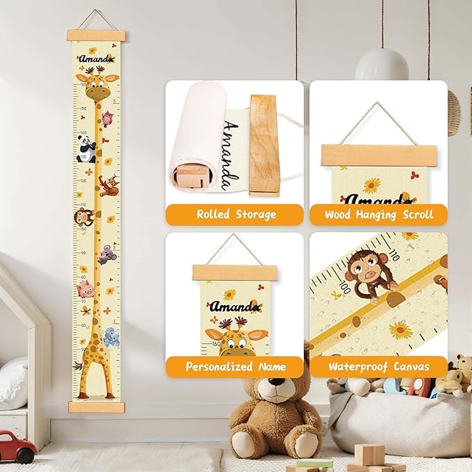 Woodemon Customize Name Growth Chart Wall, Funny Giraffe Premium Canvas Removable Height Chart for Kids, Height Measurement for Wall, Unisex Kids Room Wall Decor, Measuring Height Charts