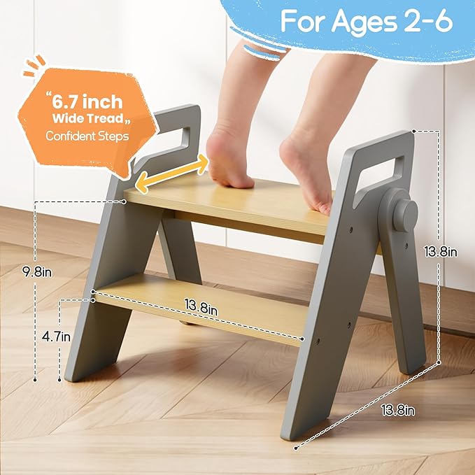 HOMEKOL Toddler Kids Step Stool: Wooden 2 Step Stool for Bathroom Sink, Foldable, Grey