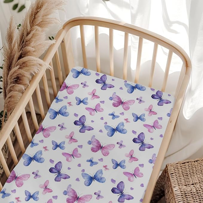 Purple and Pink Butterflies Baby Crib Sheets for Boy Girl 52x28 Watercolor Butterflies Soft Stretchy Fitted Crib Mattress Cover Colorful Butterflies Baby Sheet for Standard Crib and Toddler Mattress