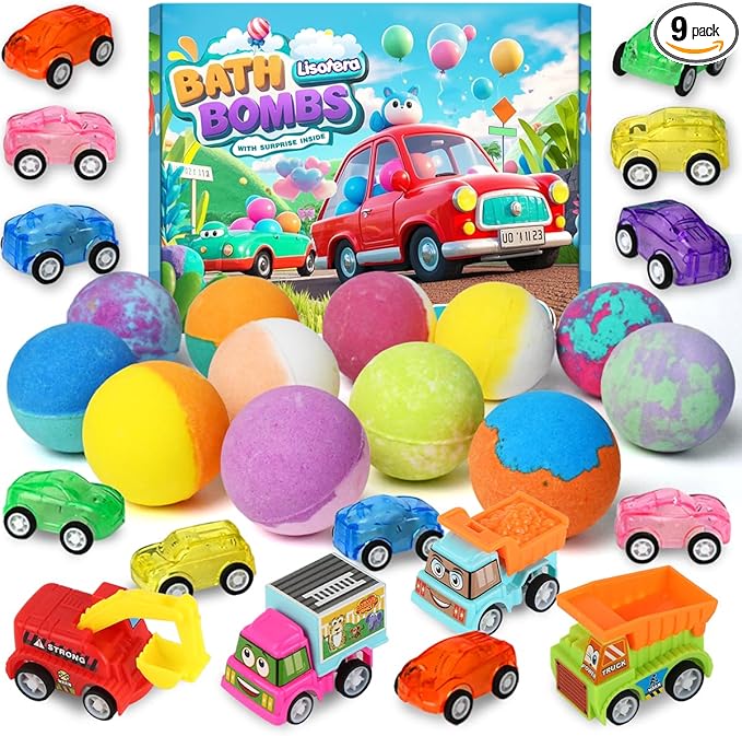 Bath Bombs for Kids with Toys Inside, Kids Bath Bombs for Boys Girls, 9-Piece Bathbomb Set Includes 9 Pull-Back Cars and 3 Vehicles, Halloween Christmas Birthday Easter Gift Set for Children