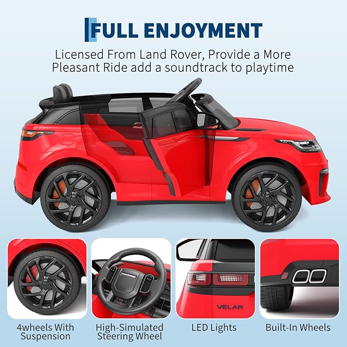 Kids Ride On Car with Remote, Licensed Land Rover Kids Electric Car, Ride On Toys for Children 4-8 with Mp3 Player, Rocking, Pull Rod (Red)
