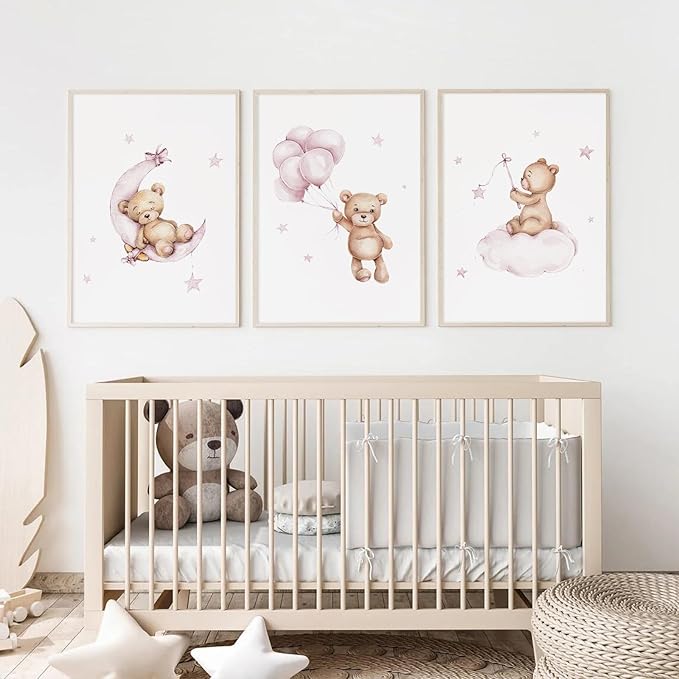 Bear Nursery Wall Art Decor Set of 3 Teddy Bear Wall Art Baby Girl Canvas Wall Decor Pink Pictures Balloon Nursery Children Prints Artwork Moon Star Cloud Art for Boys Room Bedroom 12x16 Inch Unframed