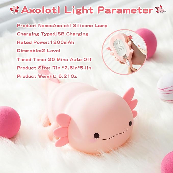 FAMIDUO Axolotl Lamp,Cute Axolotl Night Light,Dimmable Silicone Animal Nursery Night Light,Adorable Rechargeable Squishy Novelty Bedside Touch Lamp,Baby Room Decor, Axolotl Gifts for Kids/Girls