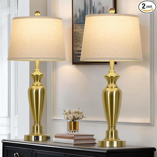 Cinyirong 30" Tall Gold Table Lamps Set of 2, Touch Control Bedside Lamp with USB A+C Ports and AC Outlet, 3-Way Dimmable Modern Metal Nightstand Lamp for Bedroom Living Room, 2 LED Bulbs Included