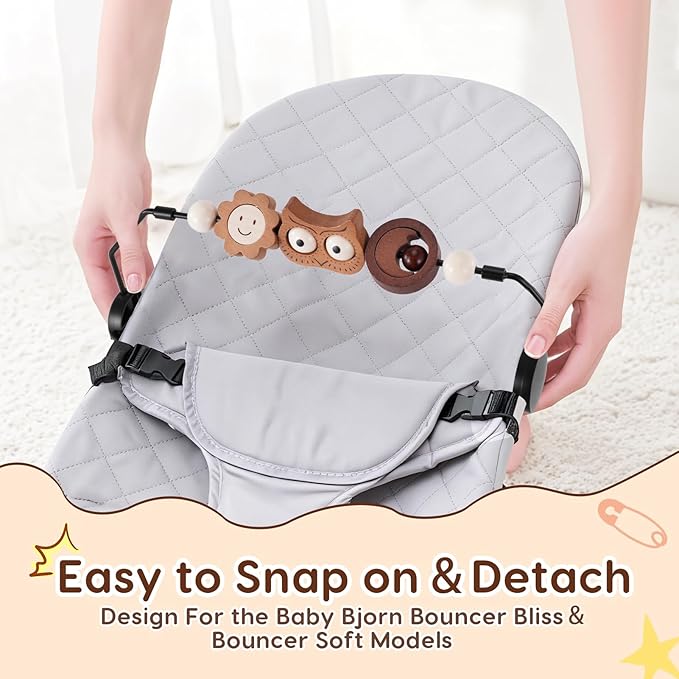 Baby Bouncer Toy Bar Wooden Compatible with Baby Bjorn Bouncer, Durable Wooden Bouncer Toy Bar Attachment, Tight and Secure Fit, Rotatable Sensory Toys for Curious Babies (Flower and Owl)