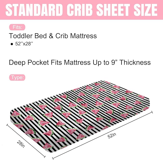 Watercolor Watermelon Dots Baby Crib Sheets 52''x28'' Watermelon Fruits Snug Fitted Crib Mattress Covers for Boy Girl Boho Summer Fruits Soft Baby Nursery Bed Sheet for Standard Crib Toddler Mattress