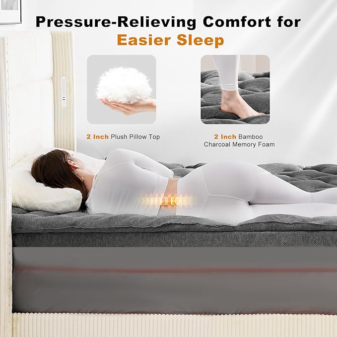 Dual Layer 4 Inch Bamboo Memory Foam Mattress Topper Full Size, 2 Inch Thick Soft Quilted Pillow Top Cover Plus 2 Inch Charcoal Gel Memory Foam Mattress Pad for Back Pain Relief