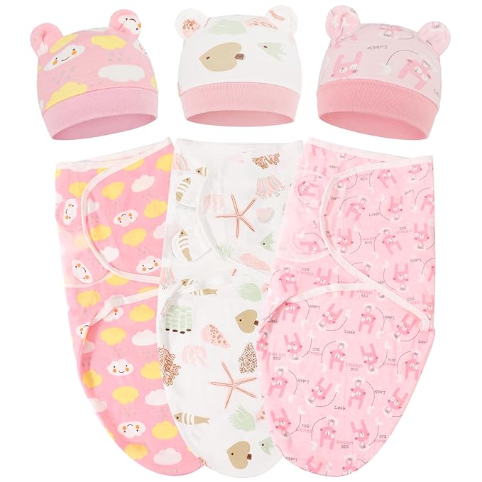 DRESHOW BQUBO 3 Pack Baby Swaddle Sleep Sacks Baby Swaddling Blanket Wrap Newborn Swaddle Sack with Bear Ears Hat for Boys Girls 6-12 Lbs Newborns & 0-3 Months Girls Boys