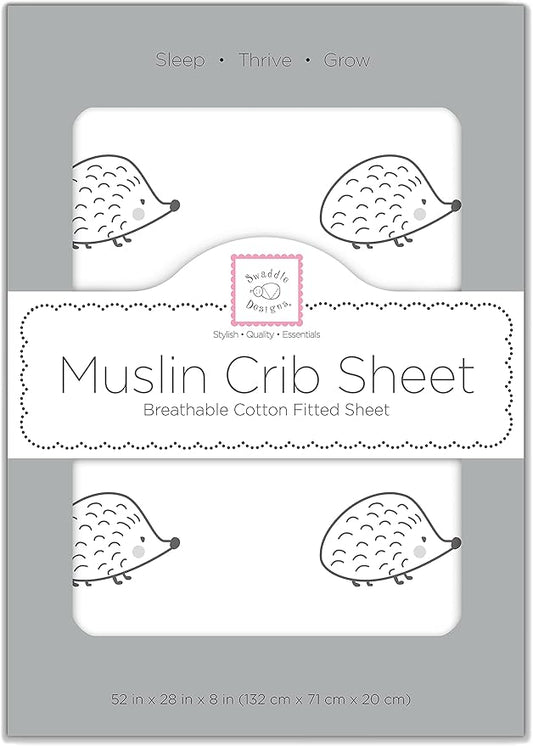 SwaddleDesigns Softest Cotton Muslin Fitted Crib Sheet/Toddler Sheet for Baby Boy & Girl, Black Hedgehogs, 1 Count (Pack of 1)