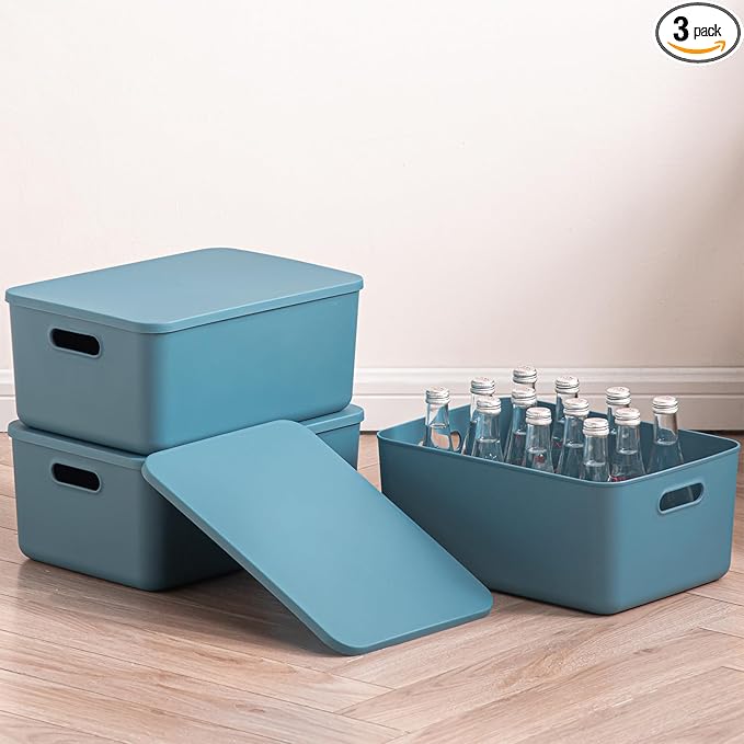 GUMEIGODA Plastic Storage Bins with lids,Storage Baskets,Container with handle,Storage Organizer Bins for Shelves,Office,Bedrooms,Closets, Cabinets(Blue, 3M)